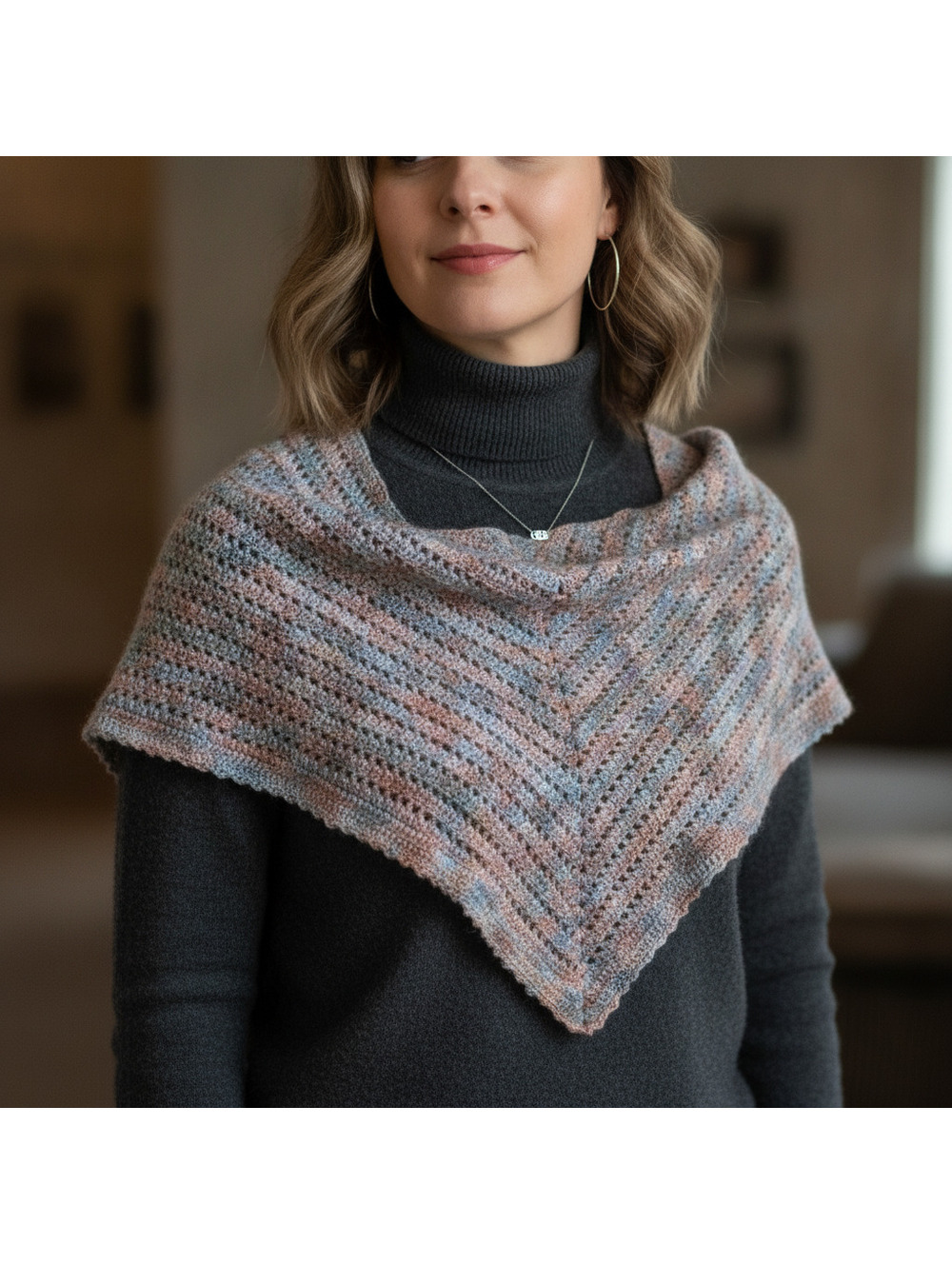 Handmade Crochet Triangle Prayer Shawl, Muted, Colorful, Gray, Rust, Purples